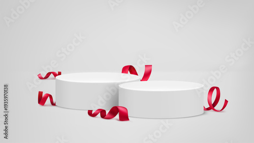 Bright room with podium and red ribbons. Vector 3d illustration