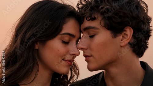 Romantic Profile Pair with Closed Eyes and Soft Wavy Hair