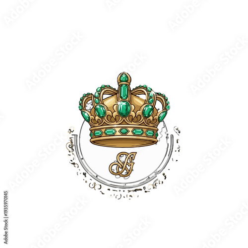 Luxurious golden crown with green jewels and ornate design.