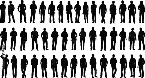 People standing silhouette collection, diverse men and women characters lineup, human crowd figures set isolated social community illustration