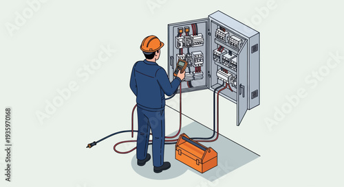 Electrician working on an electrical panel with tools.
