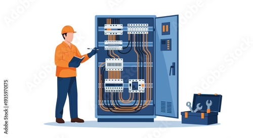 Electrician working on an open electrical panel with tools nearby.