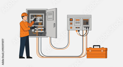 Electrician working on electrical panel and equipment.
