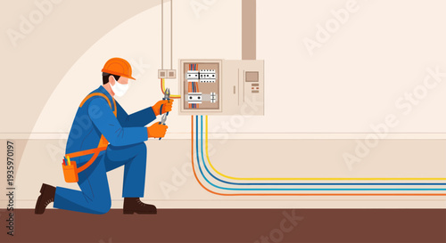 Electrician working on electrical panel installation and maintenance.