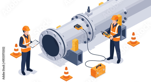 Engineers Inspecting Industrial Pipeline for Maintenance and Repair.