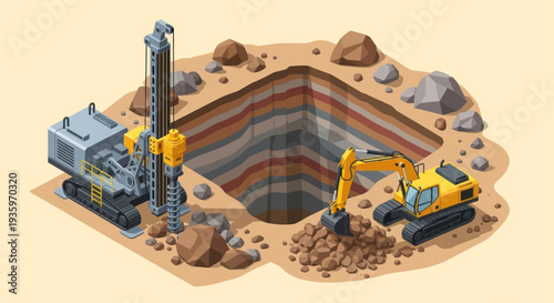 Excavation site with drilling rig and excavator digging a layered pit.