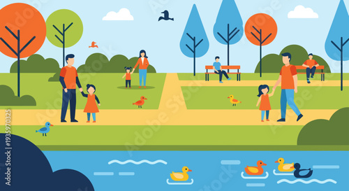 Families Enjoying a Sunny Day in a Vibrant City Park.