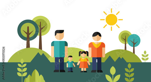 Family of four enjoying a sunny day outdoors.