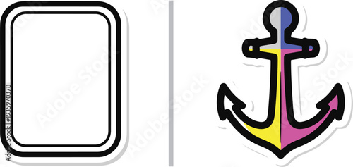 A collection of vector stickers including a blank rounded rectangle frame and a colorful nautical anchor divided into grey, blue, yellow, and pink quadrants.