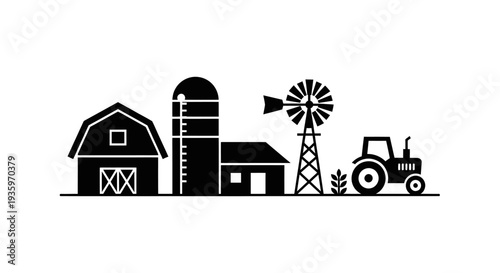 Farm landscape with barn silo windmill and tractor black silhouette.