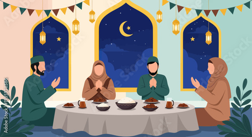 Family praying together at a table during Ramadan.