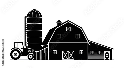 Farm scene with barn, silo, and tractor silhouette.