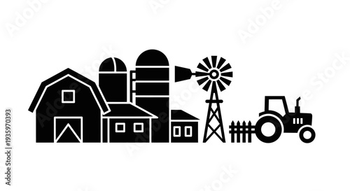 Farm scene with barn silo windmill and tractor illustration.