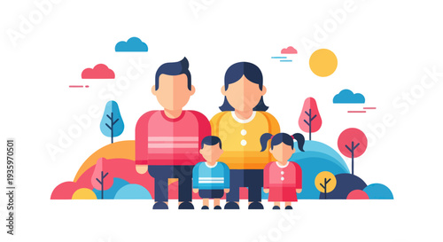 Happy family with two children standing together.