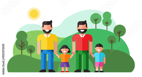 Happy Gay Couple with Two Children Enjoying a Sunny Day Together.