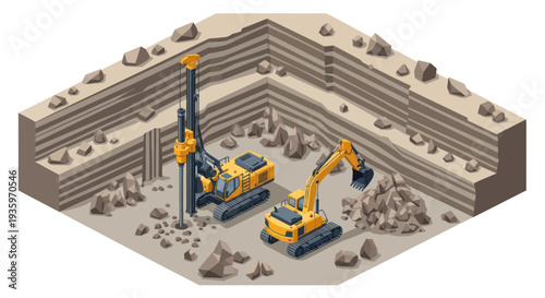 Heavy machinery at a construction site, drilling and excavating.