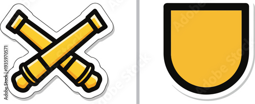 Military vector stickers featuring a pair of crossed golden cannons and a minimalist golden yellow shield icon with a bold black border.