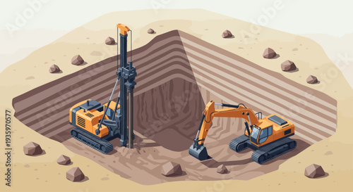 Heavy machinery at a construction site excavation.