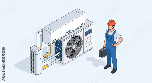 HVAC Technician Inspecting Air Conditioning System Isometric Illustration.