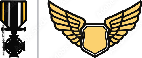 A military-themed vector set featuring a black cross medal silhouette with striped ribbon next to a gold winged shield emblem.