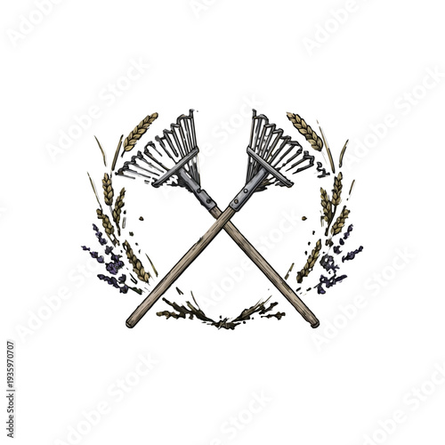 Crossed garden rakes surrounded by floral elements.