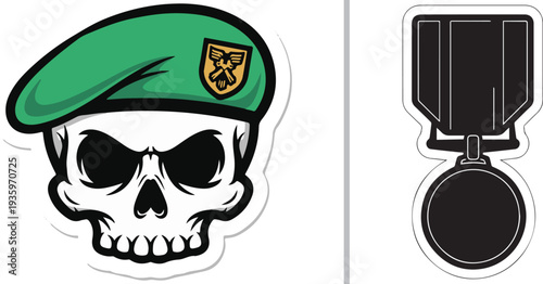 Two military vector stickers: a white skull wearing a bright green beret with a gold emblem, and a minimalist black silhouette of a service medal hanging from a ribbon.