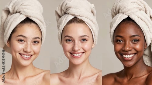 Three Diverse Women with Towel Turbans Showing Radiant Glowing Skin