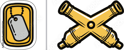 Military-themed vector art featuring a pair of silver dog tags on a chain against a yellow background, paired with a graphic of crossed golden antique cannons.