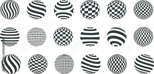 Abstract patterned spheres set , featuring black and white designs that evoke dynamic optical illusions