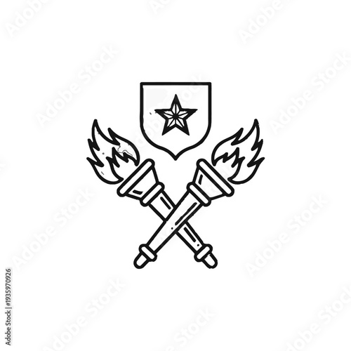 Crossed torches with flames and shield with star emblem.