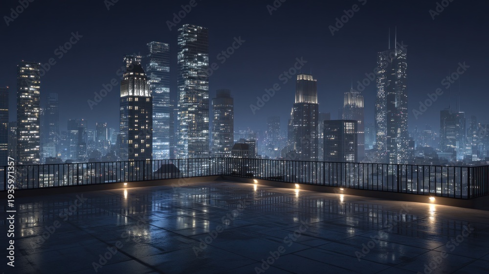 Obraz premium Nighttime cityscape with illuminated skyscrapers reflecting on a wet surface