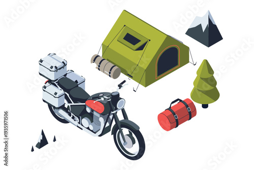Adventure motorcycle camping illustration, isometric outdoor travel scene featuring motorcycle tent mountains and camping gear for road trip and adventure tourism design.