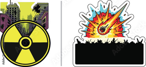 Apocalyptic vector art featuring a radiation hazard symbol over a ruined city and a stylized comet impact explosion above a silhouetted crowd.
