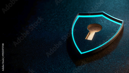 Cyber security shield with glowing blue outline and keyhole