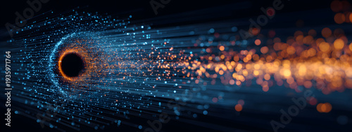 Vibrant digital wormhole with glowing blue and orange particles