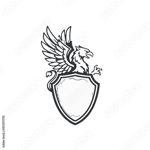 Black and white griffin emblem on shield crest logo design.