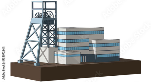 Industrial mining facility with headframe and processing buildings.