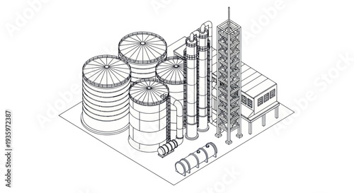 Industrial oil refinery plant with storage tanks and processing units.