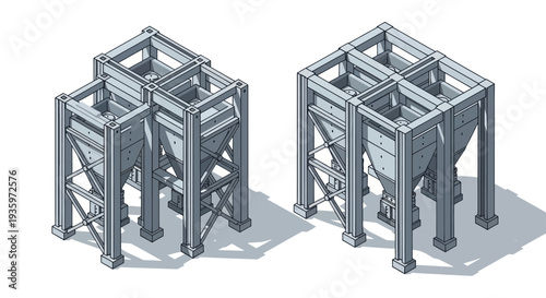 Industrial storage bins and hoppers for bulk materials.