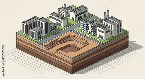 Isometric city with open pit mine and layered earth.