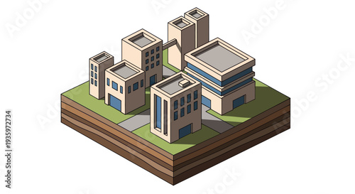 Isometric Cityscape Illustration with Modern Buildings and Green Spaces.