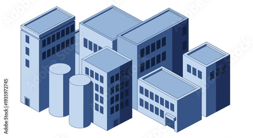 Isometric Cityscape Illustration with Modern Buildings and Industrial Structures.