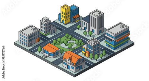 Isometric Cityscape with Buildings and Green Spaces.
