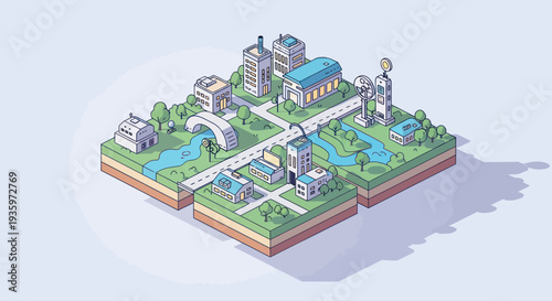 Isometric Cityscape with Buildings, Rivers, and Green Spaces.