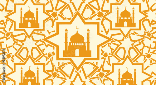 Islamic geometric pattern with mosque silhouettes, orange and cream background