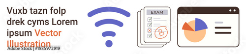 Remote learning, online assessments, digital analytics, education, internet connectivity, data management. Features wireless symbol, exam checklist and analytics chart. Remote learning and online