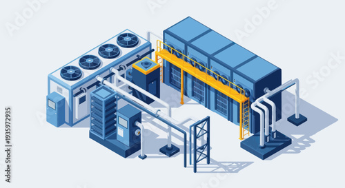 Isometric Data Center Infrastructure with Cooling System and Server Racks.