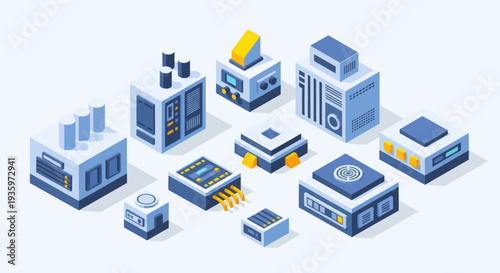 Isometric Data Center and Server Infrastructure Elements.