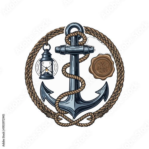Nautical anchor emblem with rope and lantern illustration.