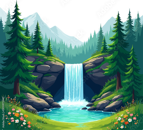 Waterfall in mountain forest with rocky cliffs and clear river natural landscape illustration for travel background and eco tourism design